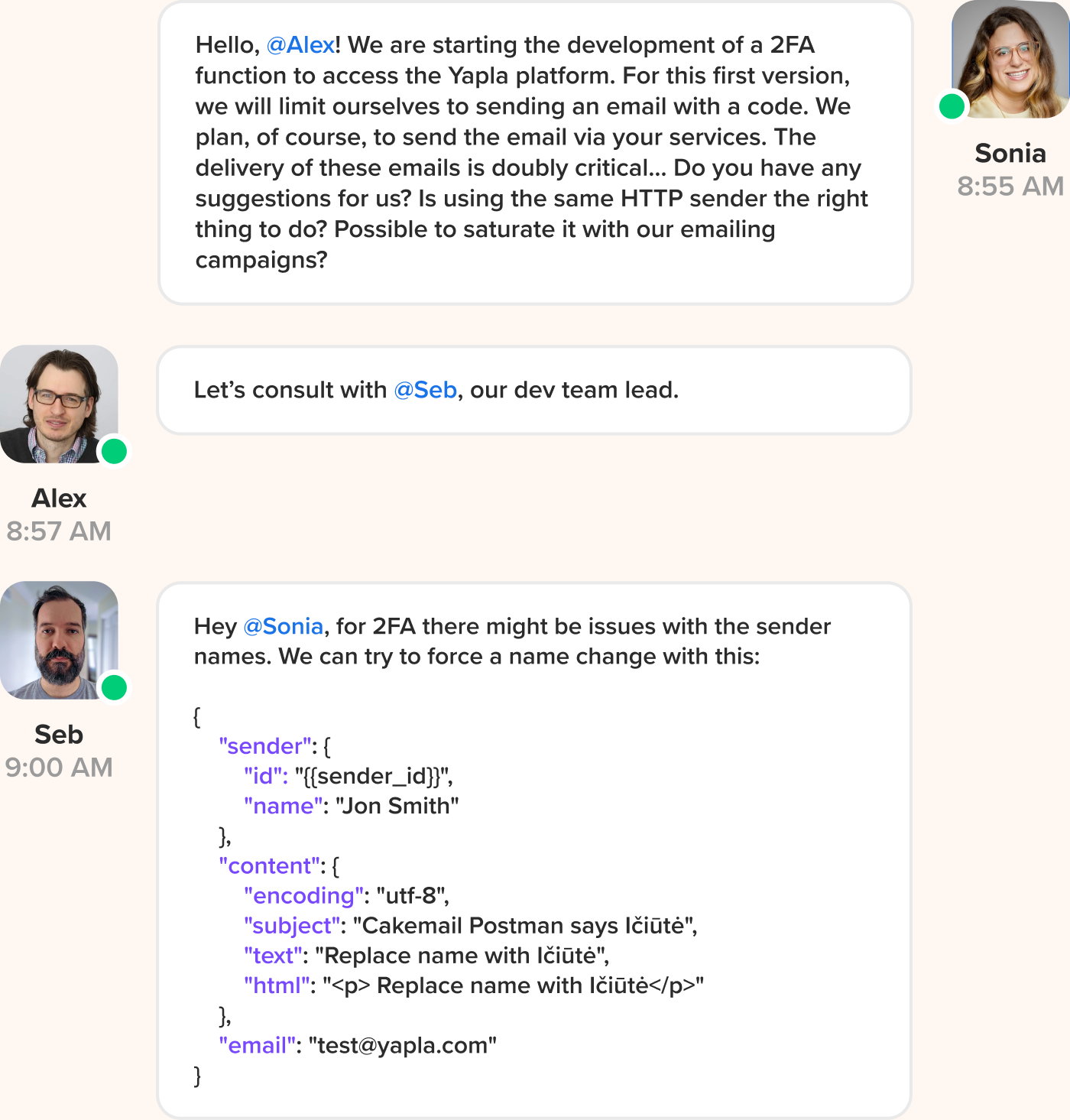 Desarrolladores de Yapla y de Cakemail trabajando juntos en un chat.