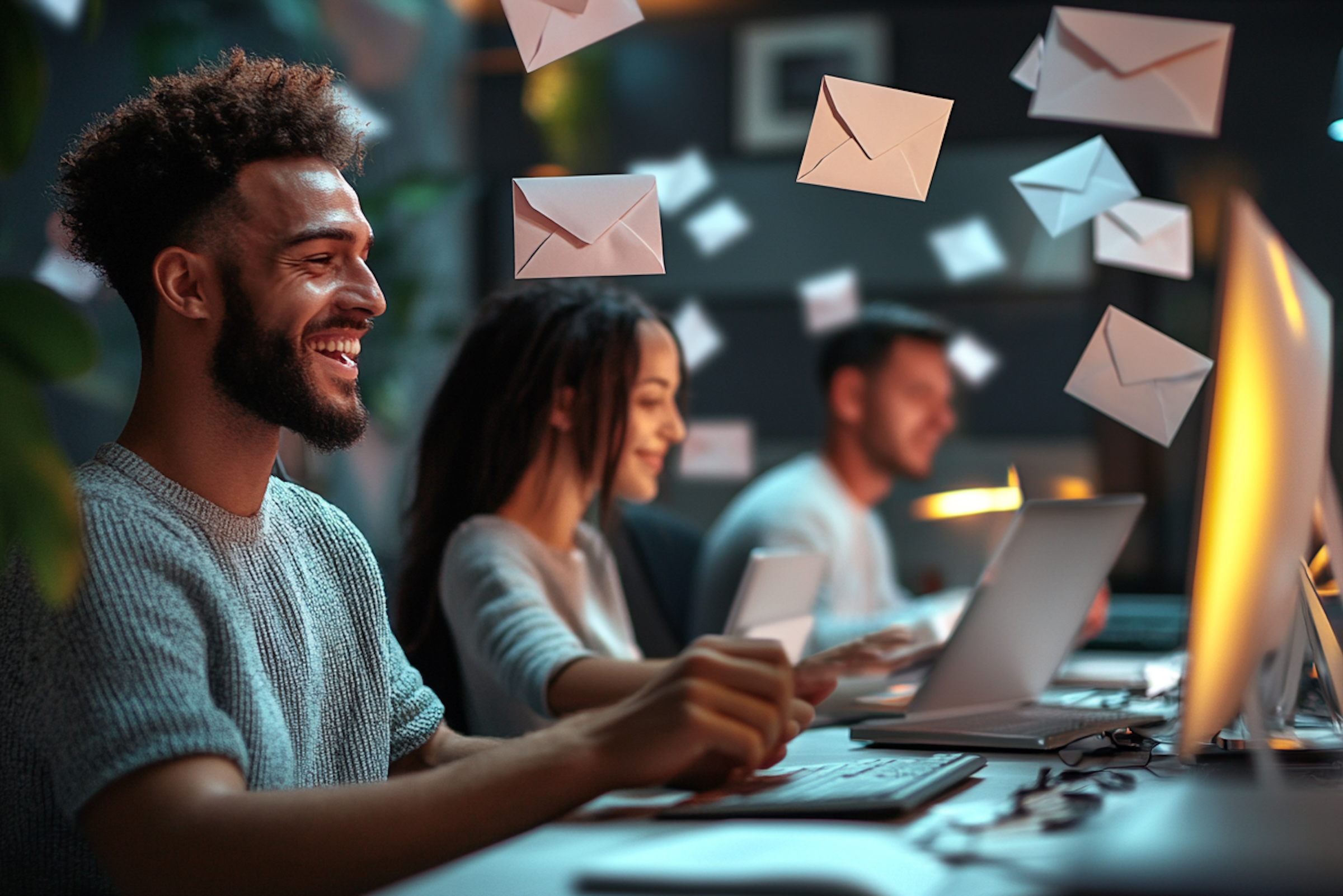 Programador sonriente frente a ordenadores con sobres
