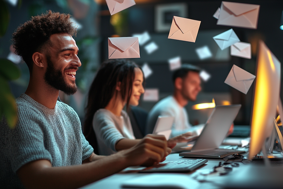 Programador sonriente frente a ordenadores con sobres