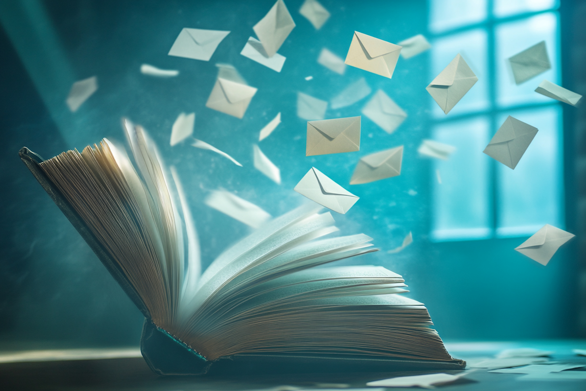 Imagen de un gran libro abierto del que salen volando pequeños sobres
