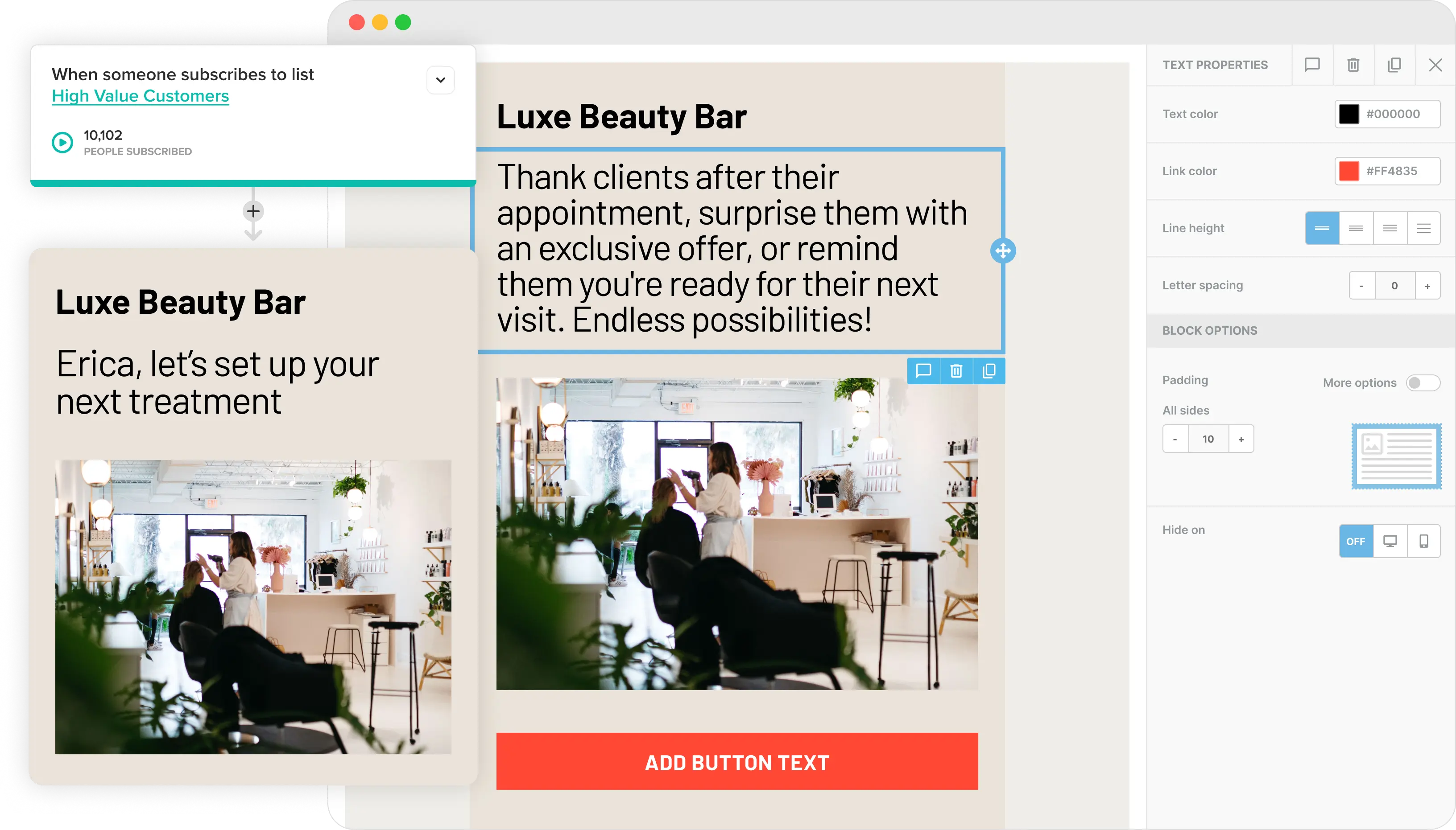 El editor de correos de Cakemail, con un correo para los salones de belleza abierto.