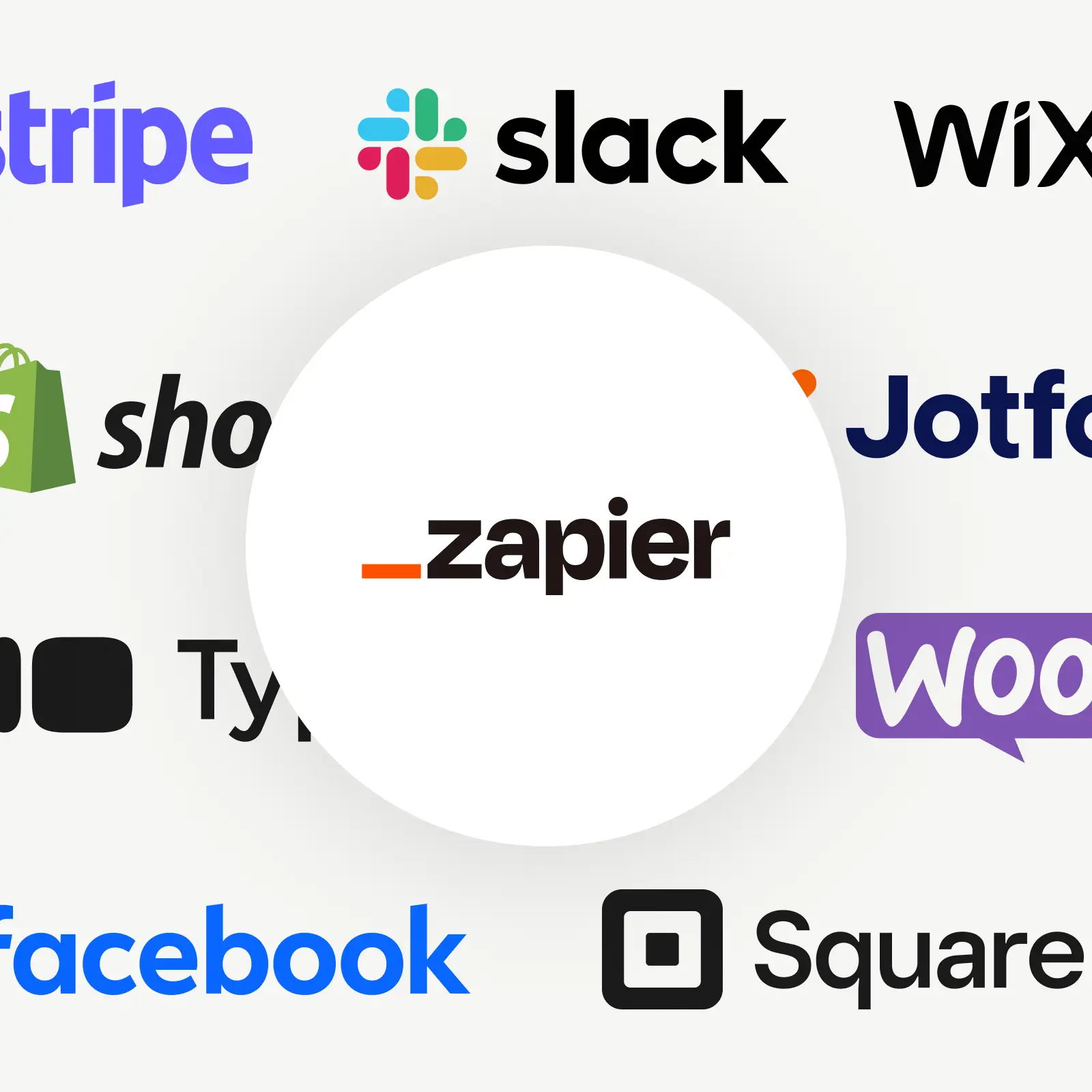 Los logotipos de Stripe, Slack, Wix, Shopify, Zapier, Jotform, Typeform, WooCommerce, Facebook y Square.