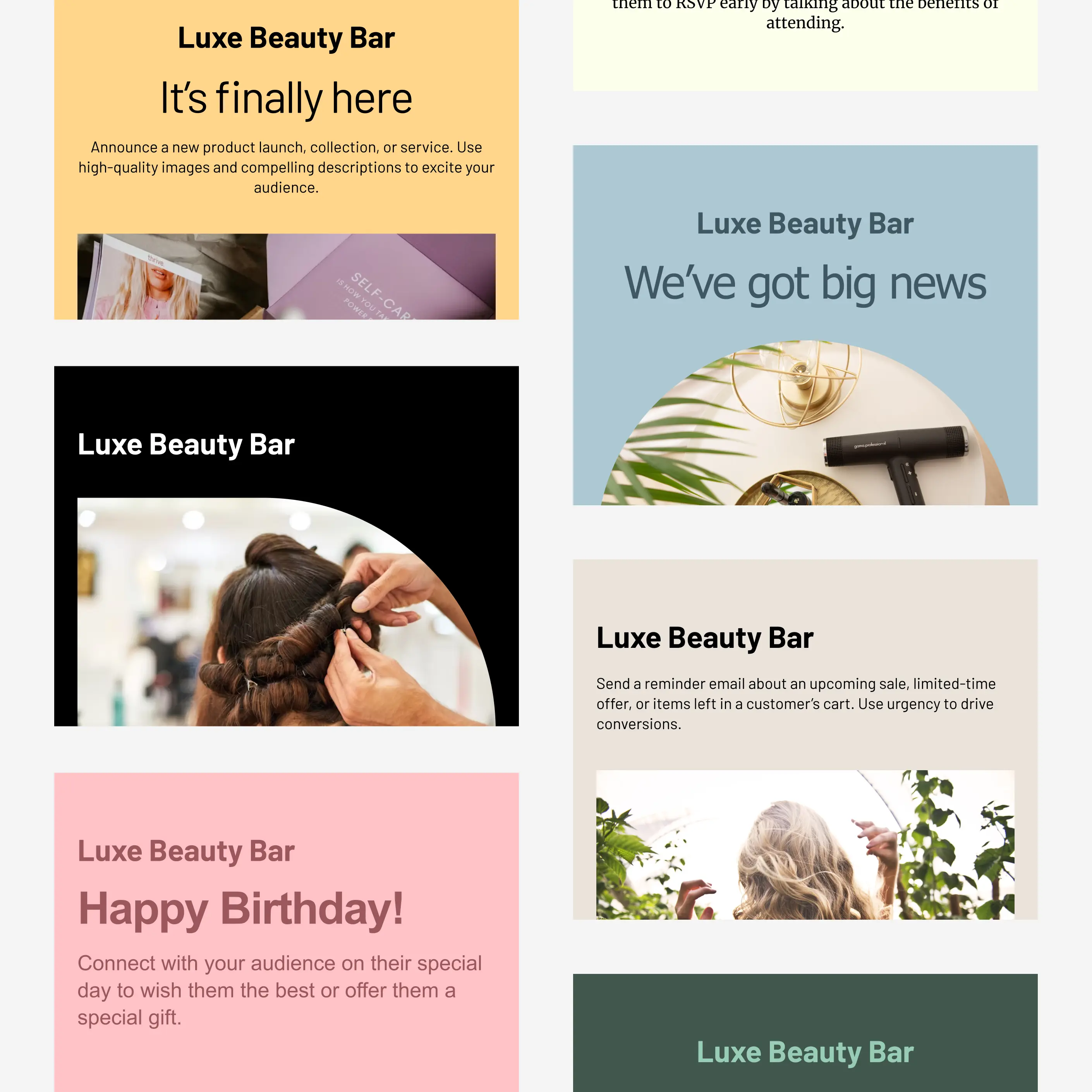 Una cuadrícula de plantillas de correo de Cakemail para los salones de belleza.