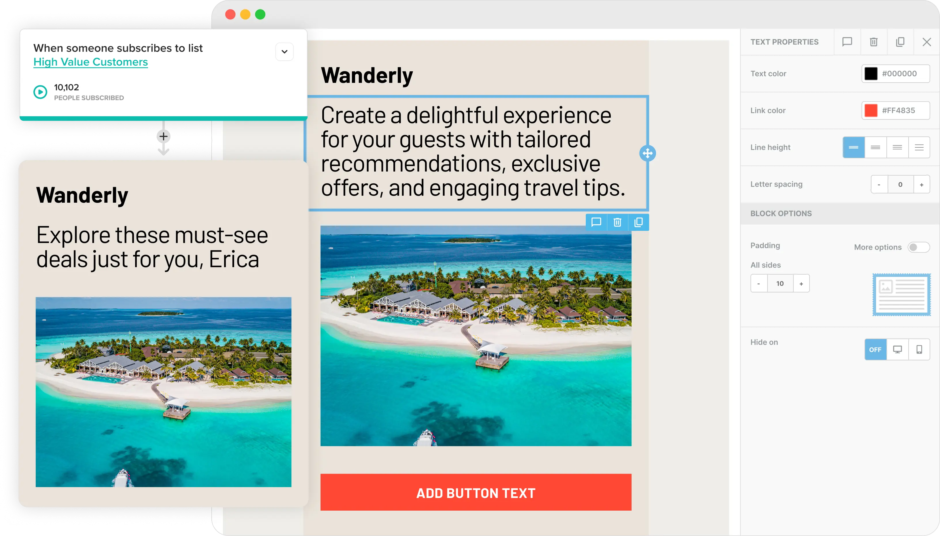 El editor de correos de Cakemail, con un correo para los viajes abierto.