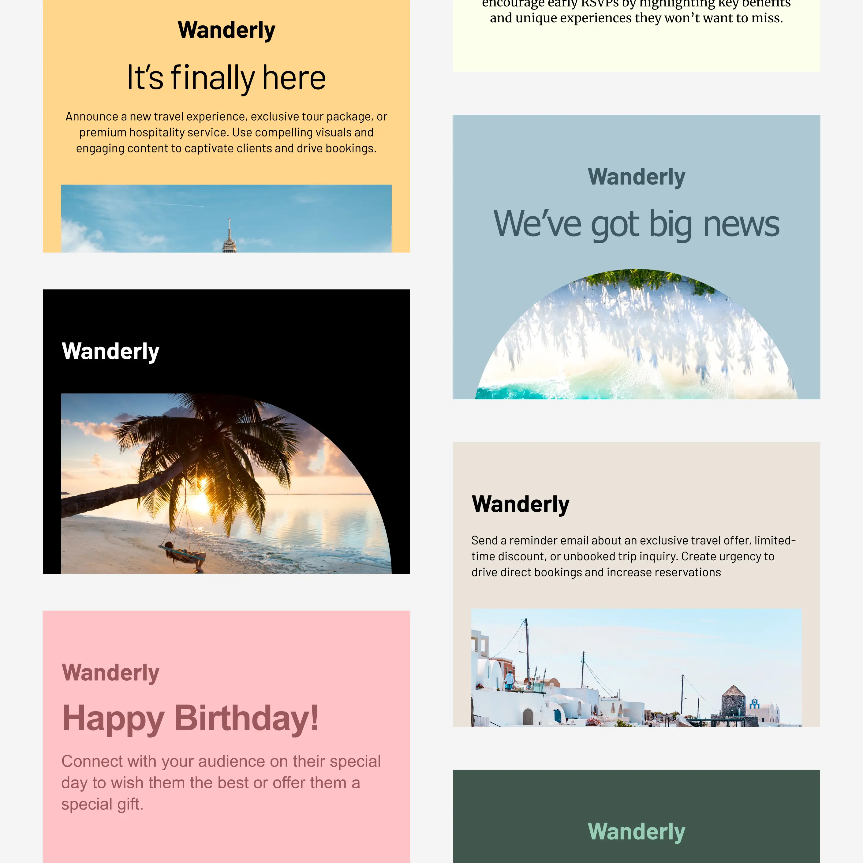 Una cuadrícula de plantillas de correo de Cakemail para los viajes.